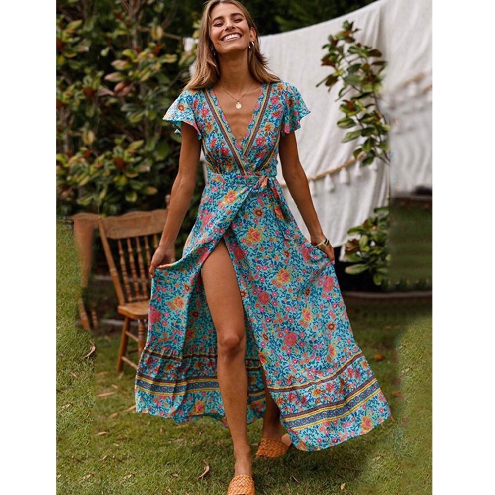 Blue Boho Maxi Belted dress